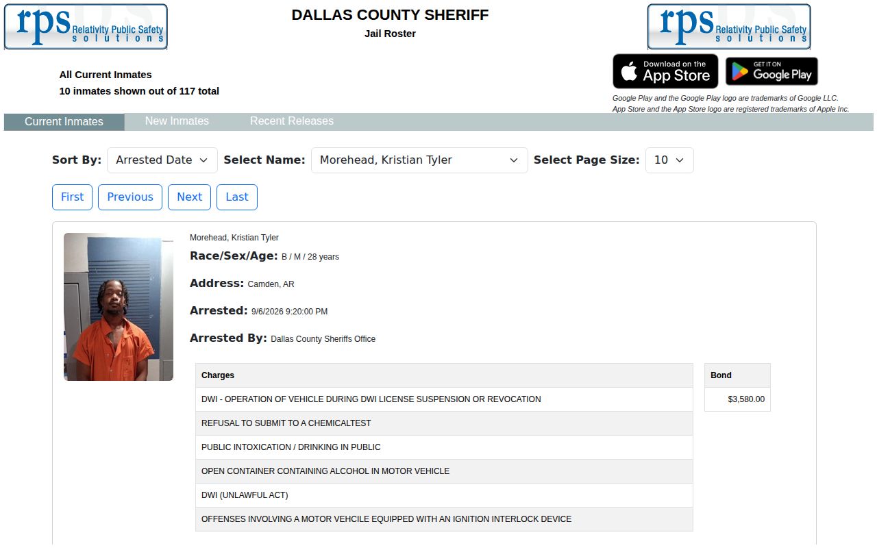 Dallas County official jail roster interface with current inmate controls