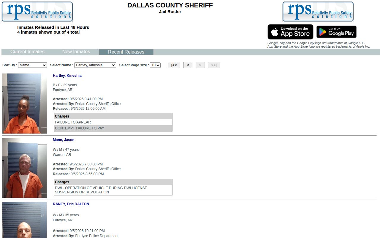 Dallas County jail roster Recent Releases interface