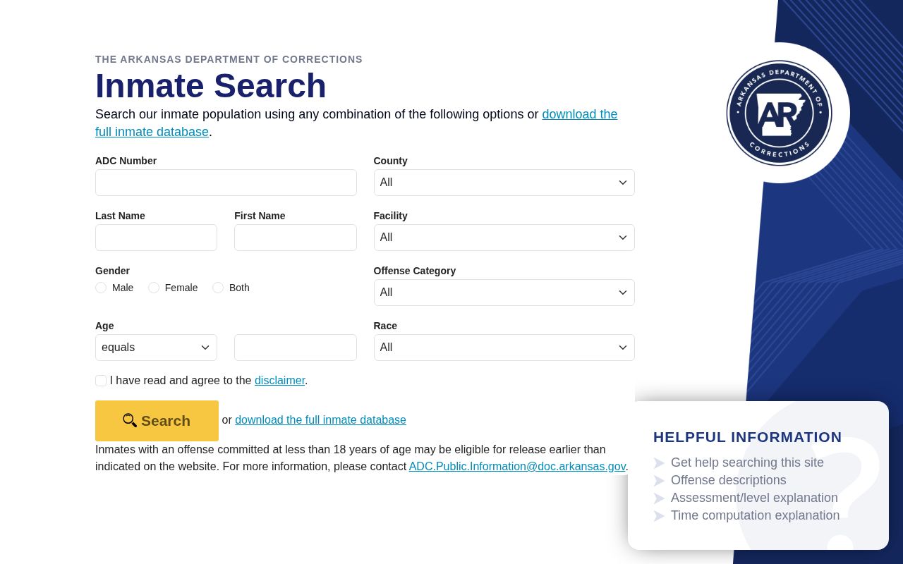 Arkansas Division of Correction official inmate search page